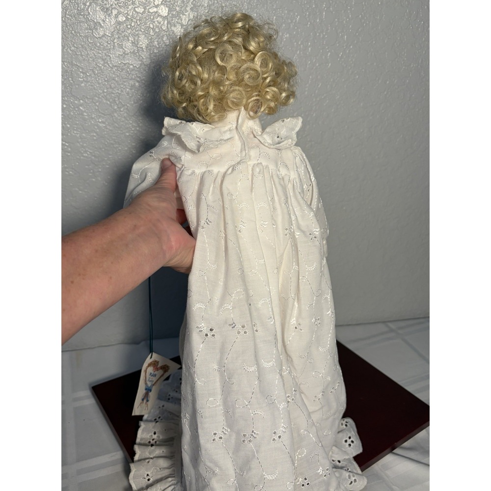 Curly Blonde Hair Porcelain Doll 16" Blue Eyes All White Gown - Picture 8 of 13